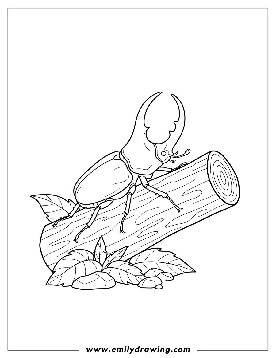 Coloring page of hercules Beetle with large horn on a slanted log