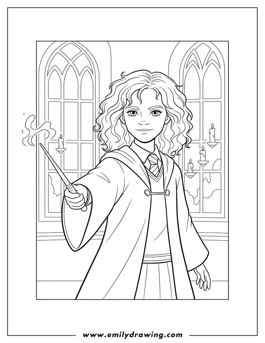 Coloring page for kids: hermione Granger in her Hogwarts uniform, wielding a wand
