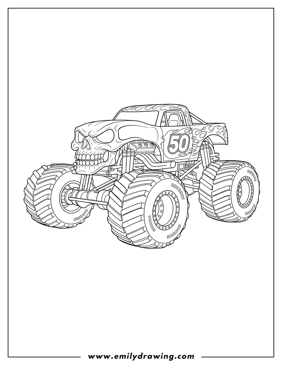 Black and white line art of hot Wheels Bone Shaker with a skull design and a '50' logo on the side