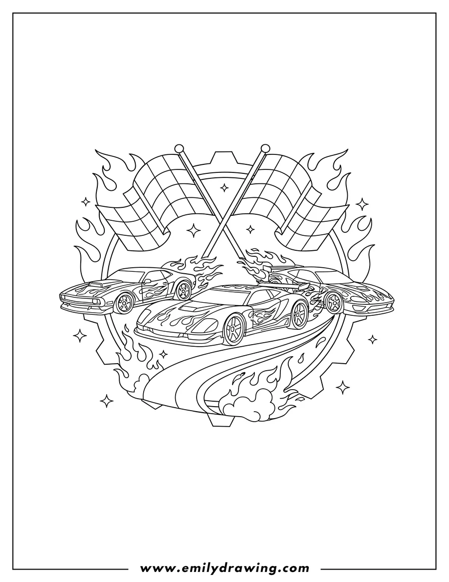 Clean line drawing: hot Wheels Poster with fiery cars and checkered flags