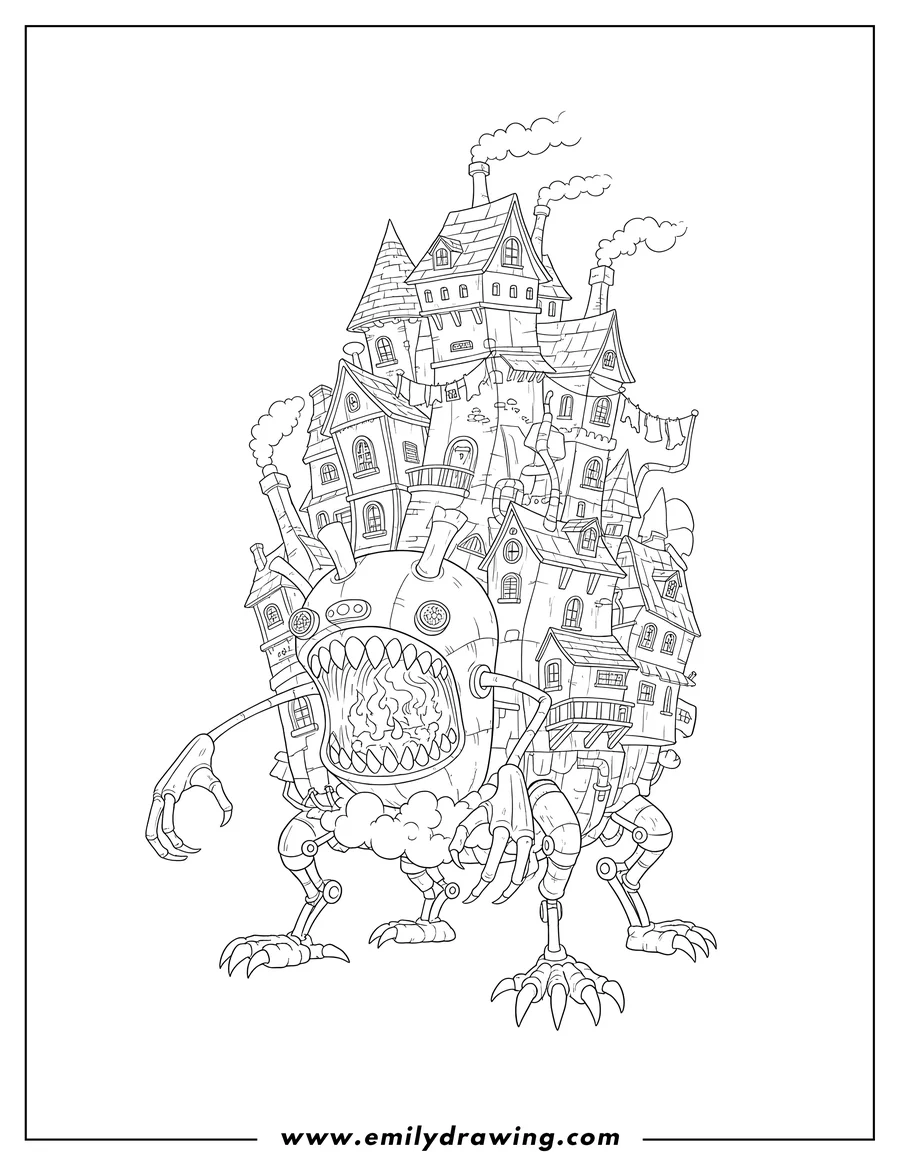 Coloring page for kids: howl S Moving Castle, with many detailed parts and a big mouth
