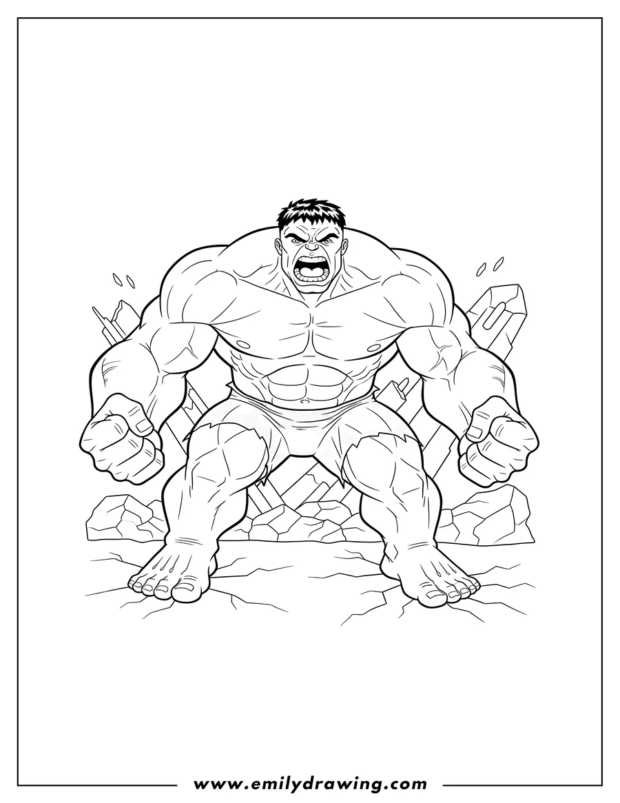 Free to print drawing of hulk smashing with an angry roar and clenched fists