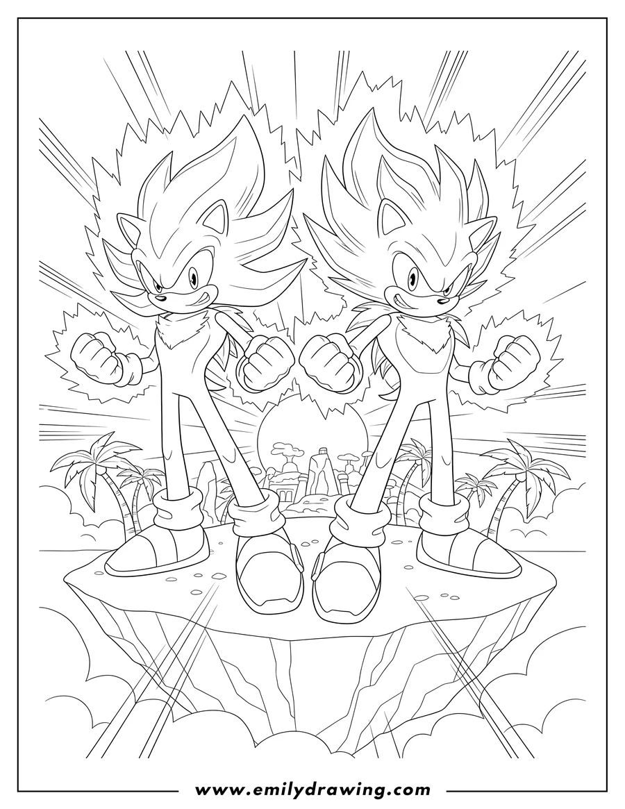 Downloadable coloring page of hyper Sonic With Hyper Shadow On Angel Island, posing with clenched fists