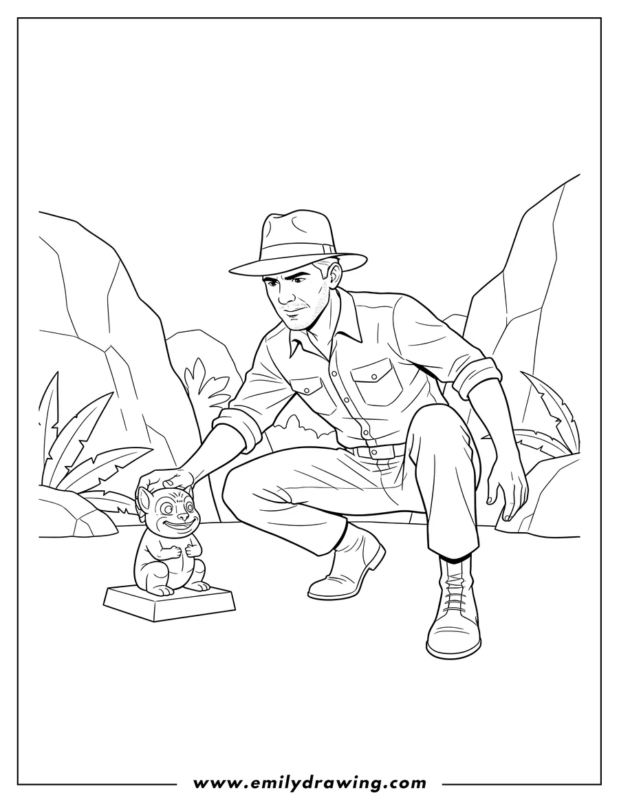 Linear illustration of indiana Jones crouching, reaching for the golden idol
