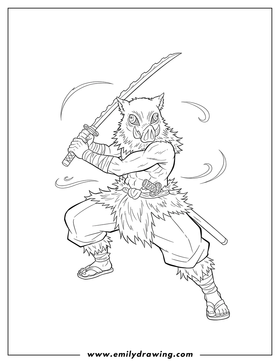 Printable coloring page of inosuke Hashibira holding two swords in an action pose