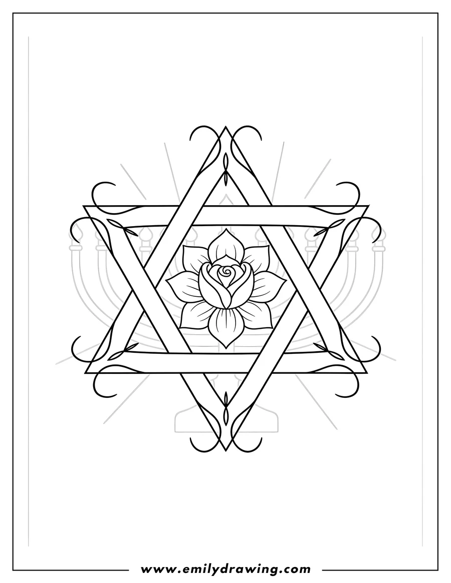 Outline drawing of interwoven Star of David with a flower in the center, featuring arched details at the points, for Hanukkah