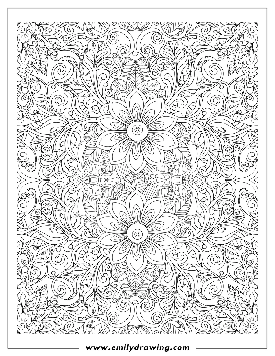 Linear illustration of intricate pattern of stylized flowers and leaves, repeating and symmetrical