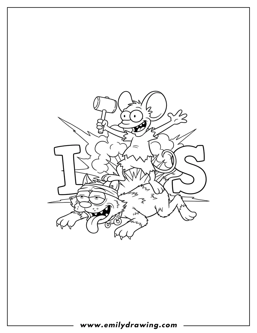 Coloring page for kids: the Itchy & Scratchy Show title card featuring Itchy the mouse and Scratchy the cat, with Scratchy sticking his tongue out