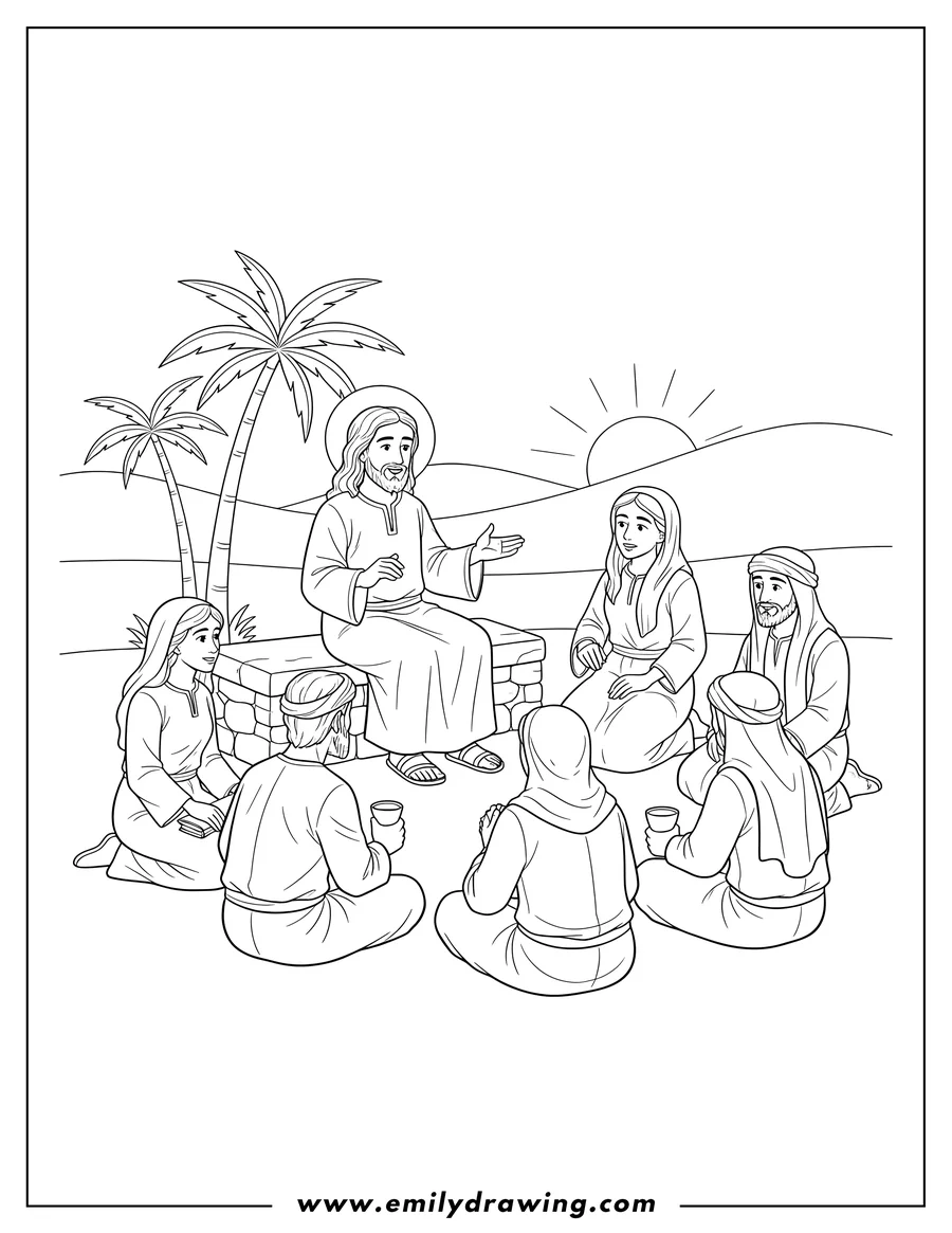 Coloring sheet featuring jesus sitting and talking to his disciples, coloring page