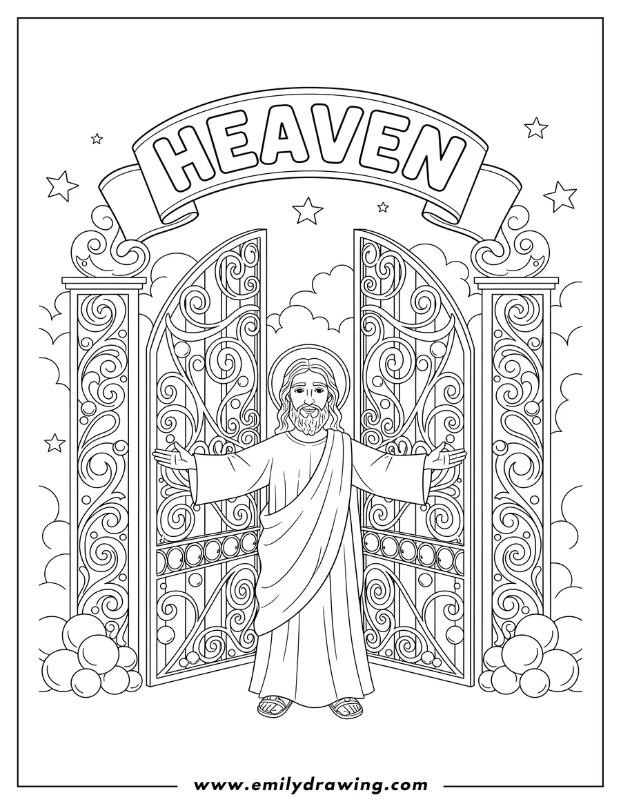 Coloring page of jesus with open arms at Pearly Gates, with HEAVEN sign