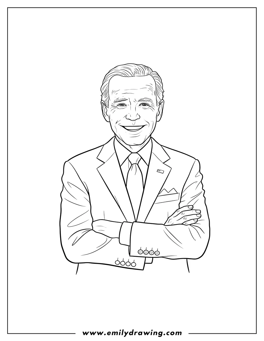 Full page coloring image of president Joe Biden smiling with arms crossed