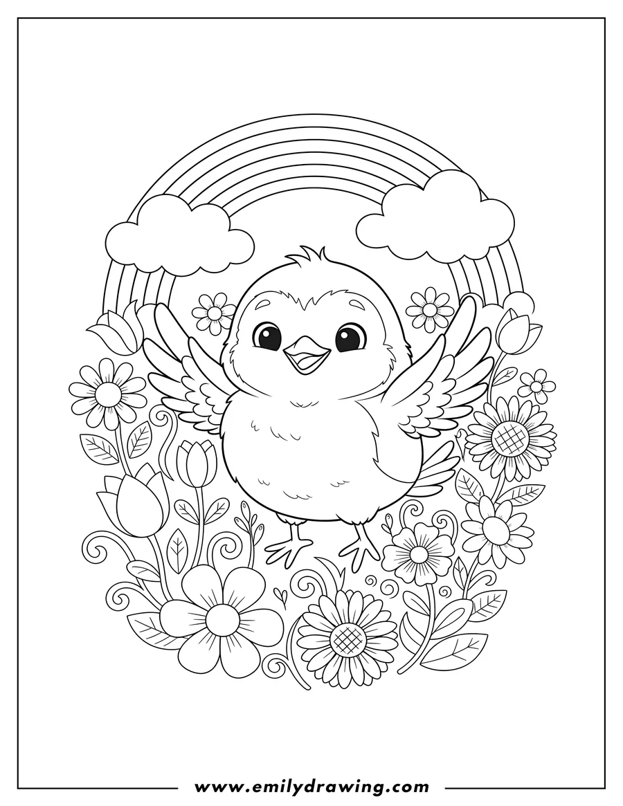 Doodle style coloring picture of joyful chubby robin chick flapping its wings in a flower field with a rainbow and clouds