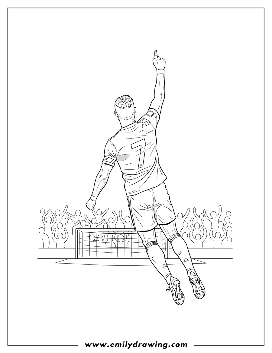 Vector style outline of cristiano Ronaldo jumping after scoring, seen from behind with his arm raised