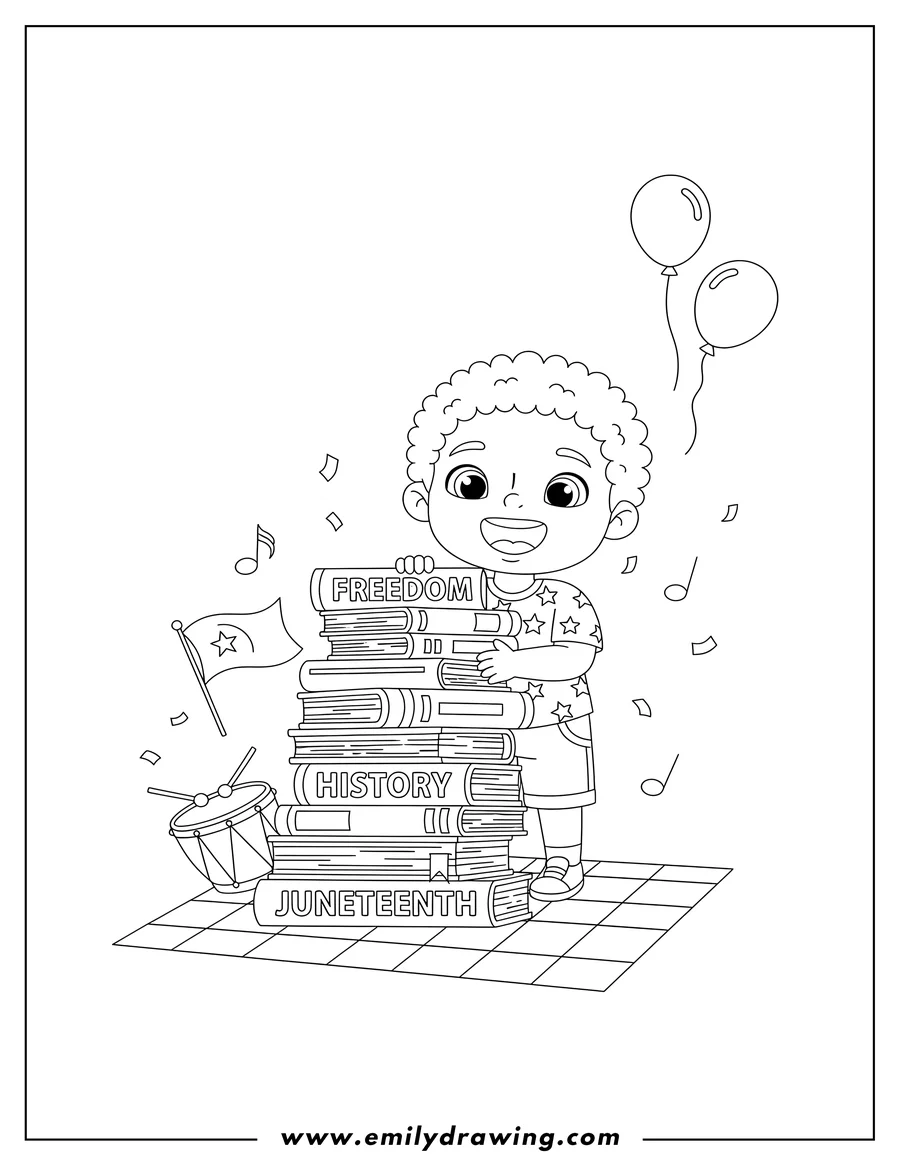Printable coloring page of juneteenth Freedom Day Celebration with a smiling child peeking over a stack of books