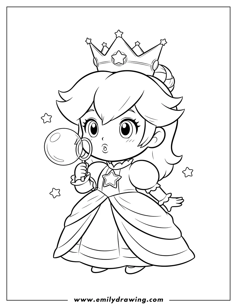 Linear illustration of kawaii Baby Rosalina wearing a crown, blowing a bubble, and with a star emblem on her outfit