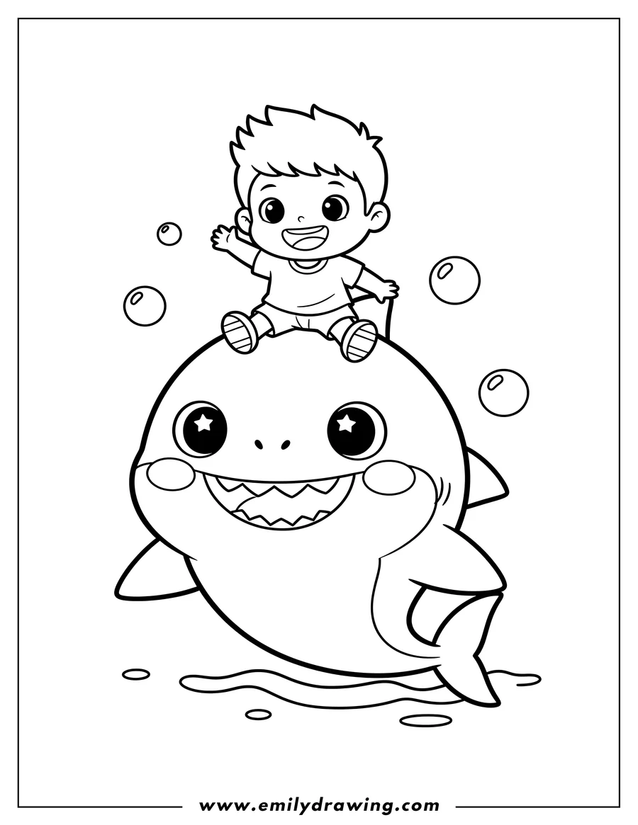 Doodle style coloring picture of kawaii Baby Shark smiling with William sitting on his head