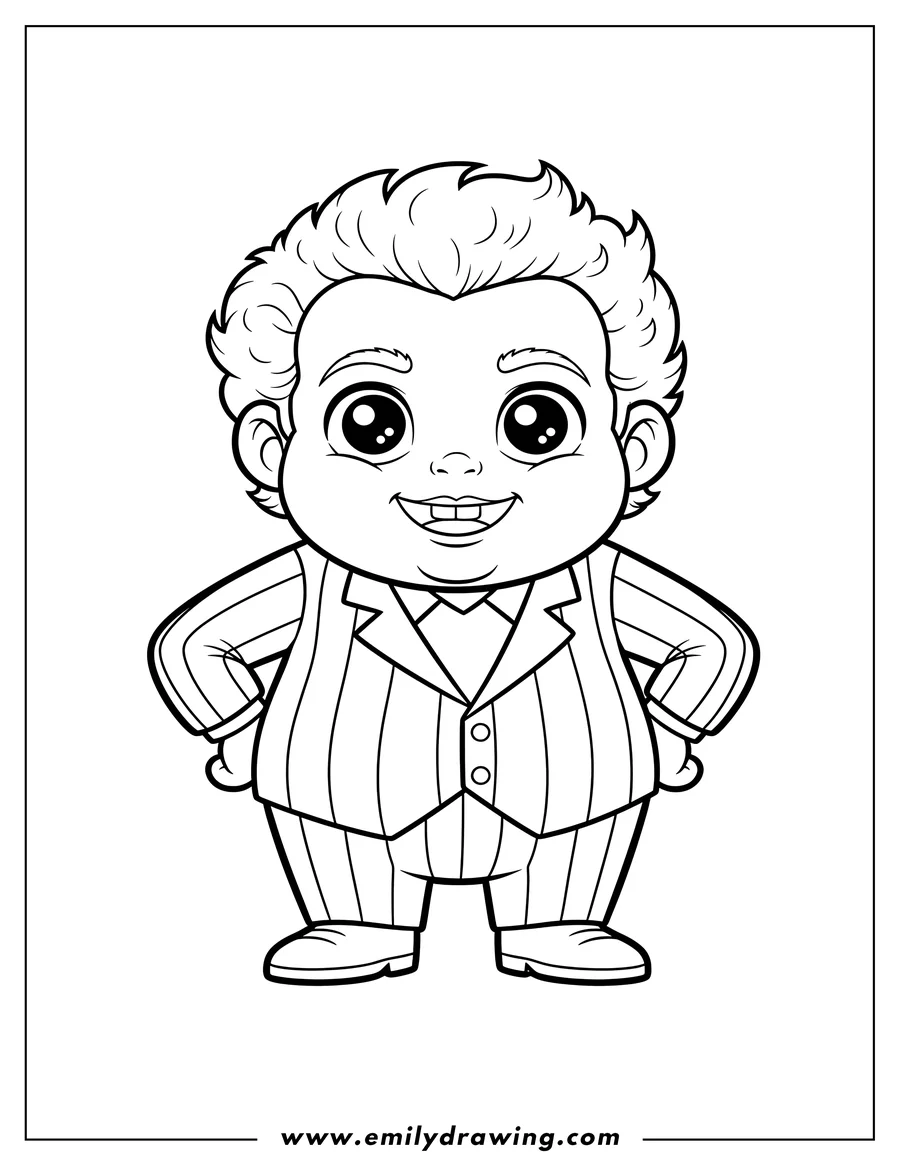 Coloring page of kawaii Beetlejuice smiling widely with hands on hips