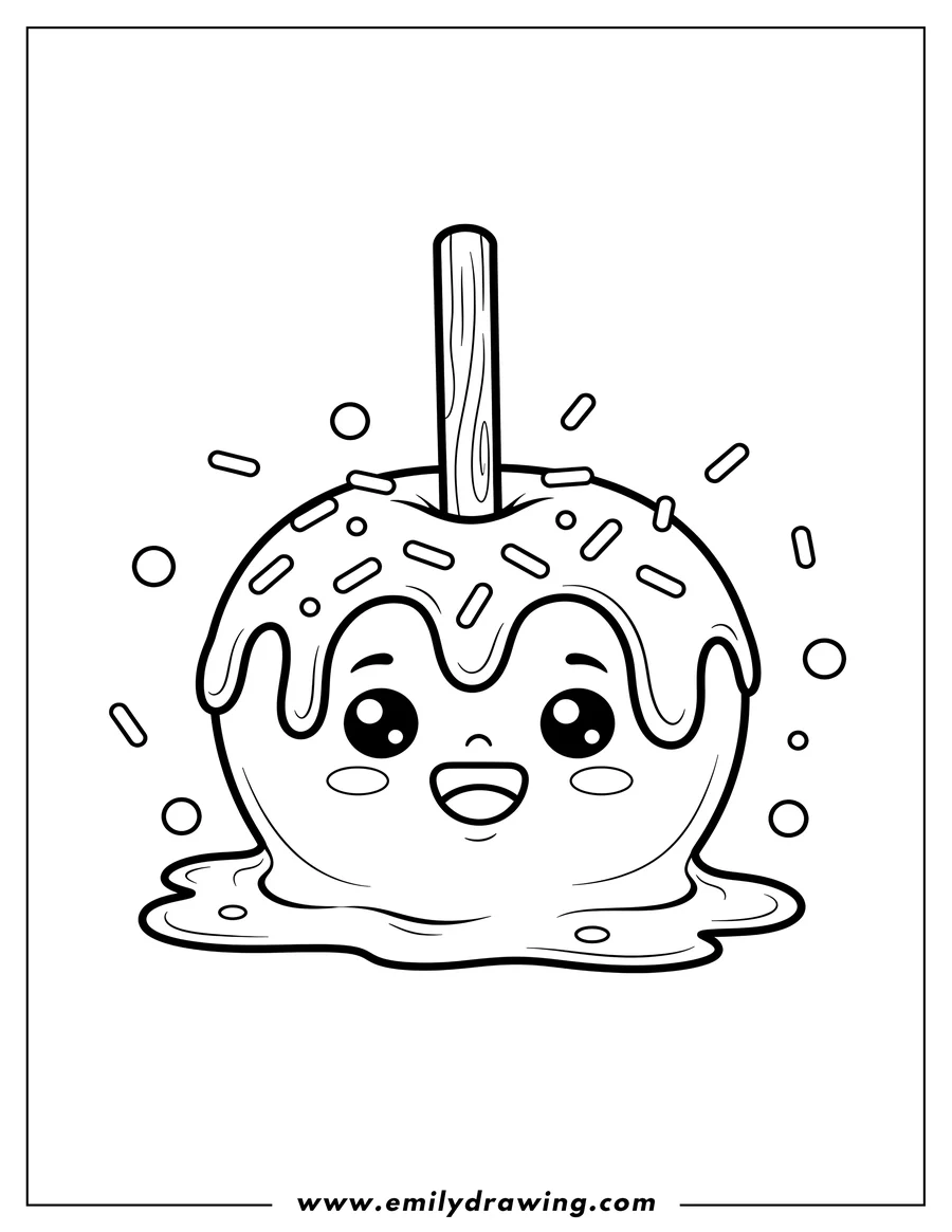 Simple sketch of kawaii Candy Apple, large, with a smiling face to color
