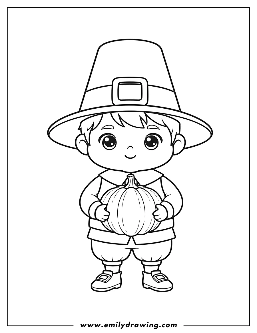 Downloadable coloring page of kawaii Chibi Boy Pilgrim with a buckled hat, standing and holding a pumpkin with both hands