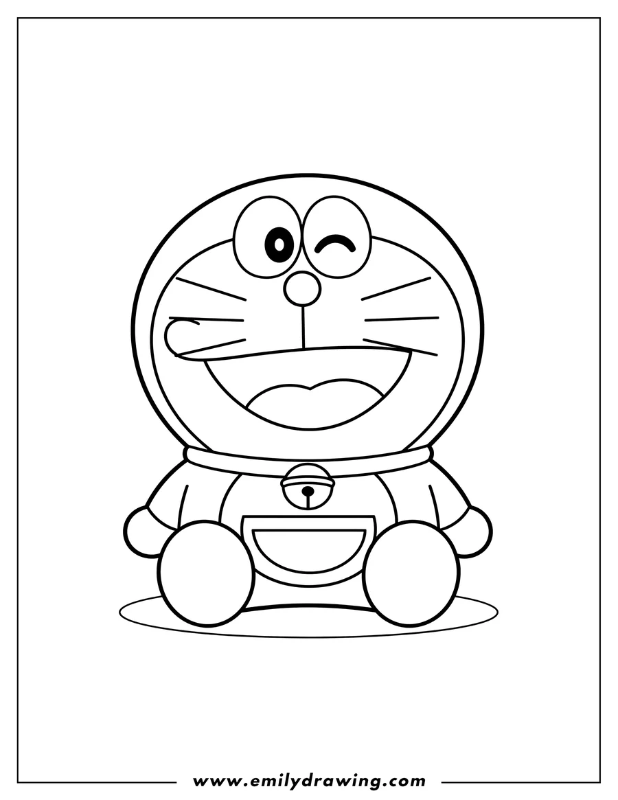 Outline drawing of kawaii Doraemon sitting, winking and smiling