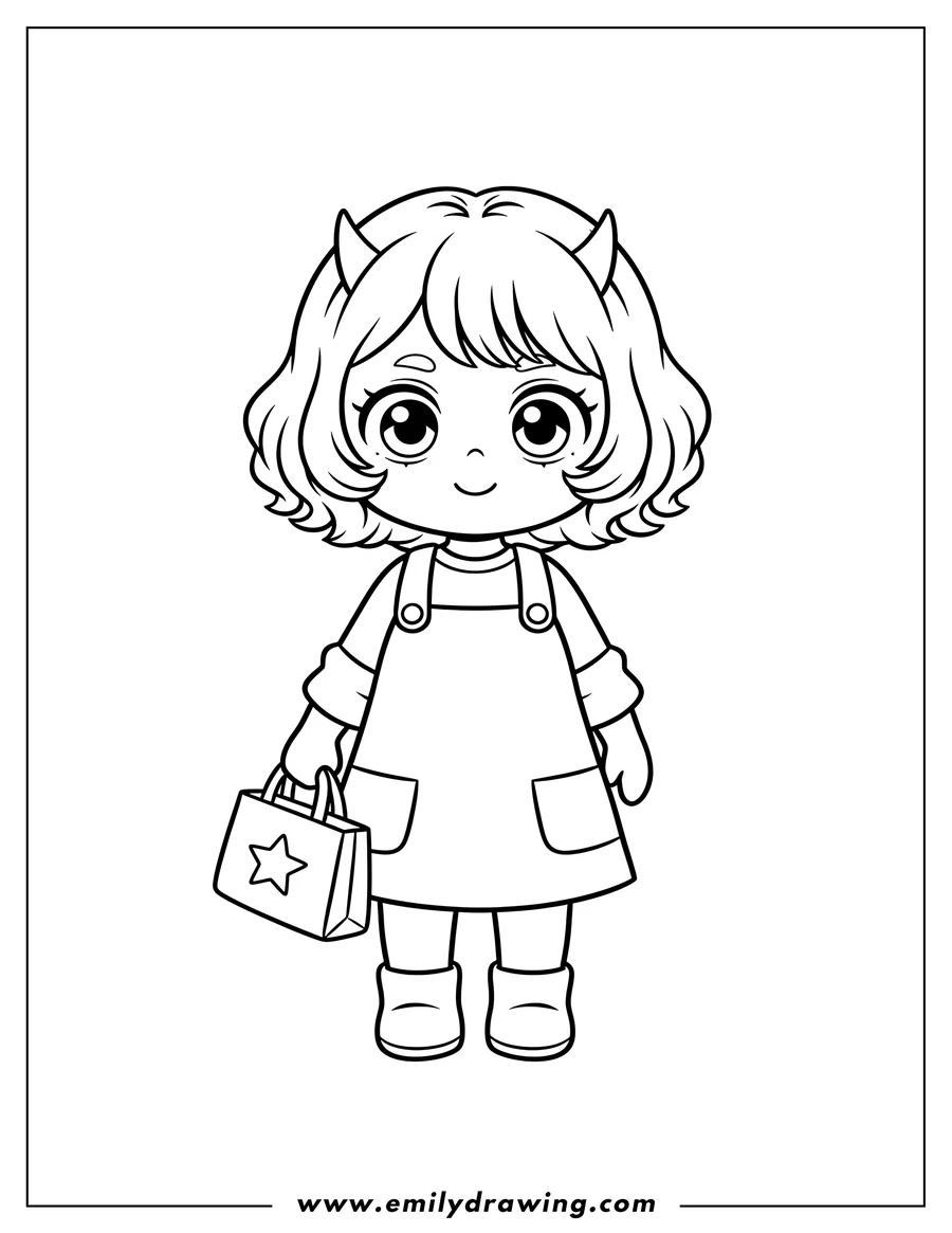 Doodle style coloring picture of kawaii Eri standing, wearing an overall dress and holding a bag