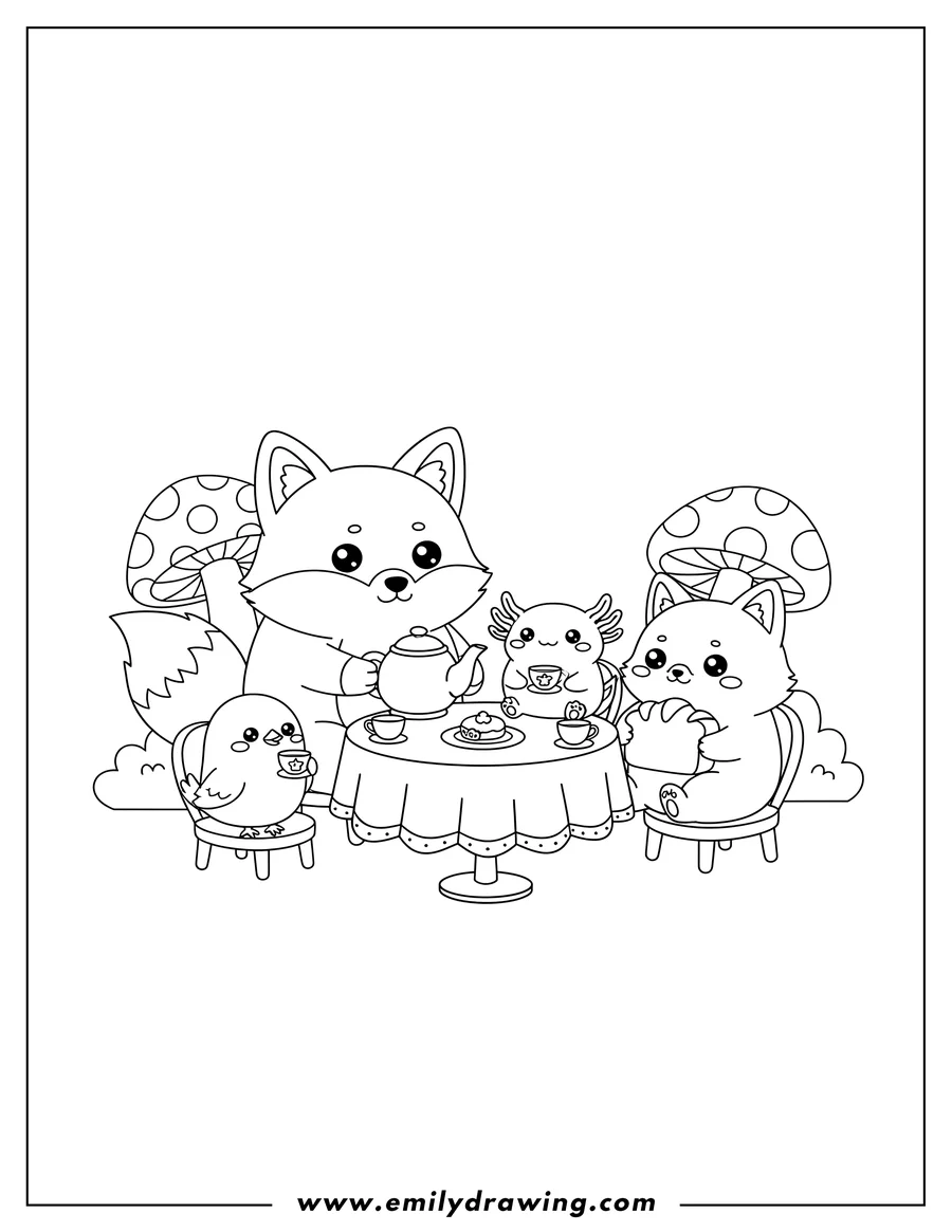 Coloring page of [Scene]: Kawaii Fox, Bird, Axolotl, and Cat having a tea party, with the fox at the table with a teapot and the cat holding bread