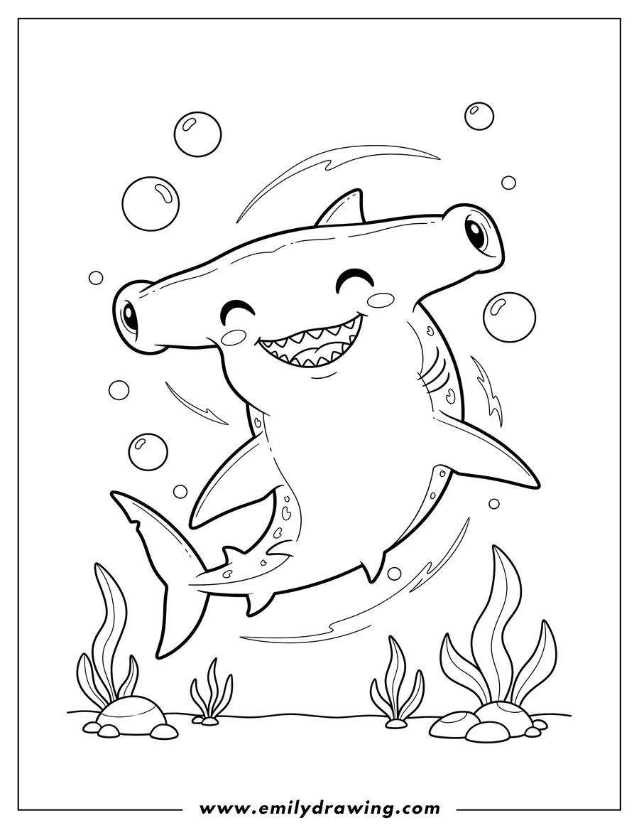 Coloring page of kawaii Hammerhead Shark smiling and swimming