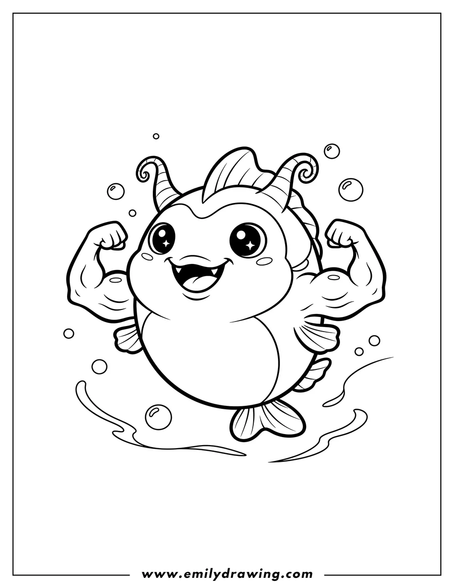 Linear illustration of kawaii Humming Fish with two spikes on its head flexing muscles with a wide grin