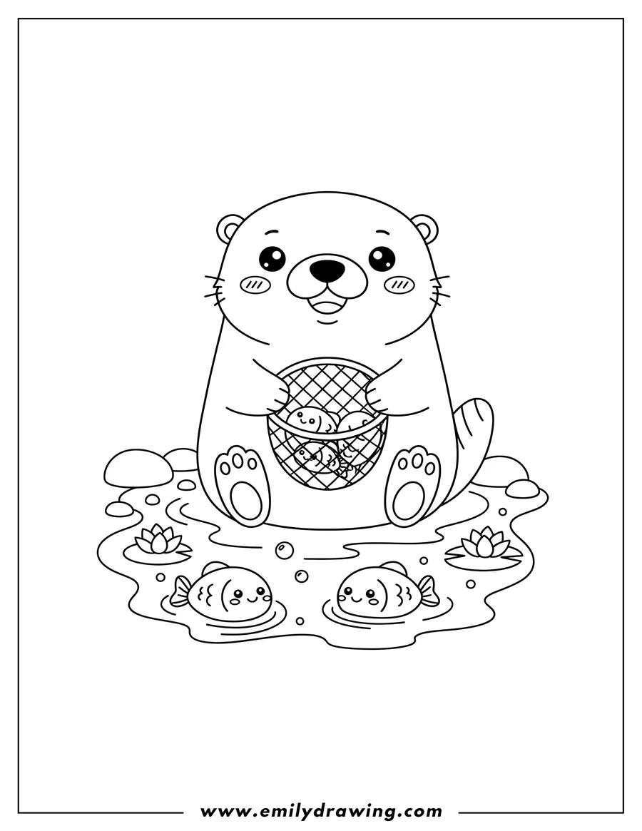 Simple sketch of kawaii Otter Holding Fishing Net River, smiling, with fish in water to color