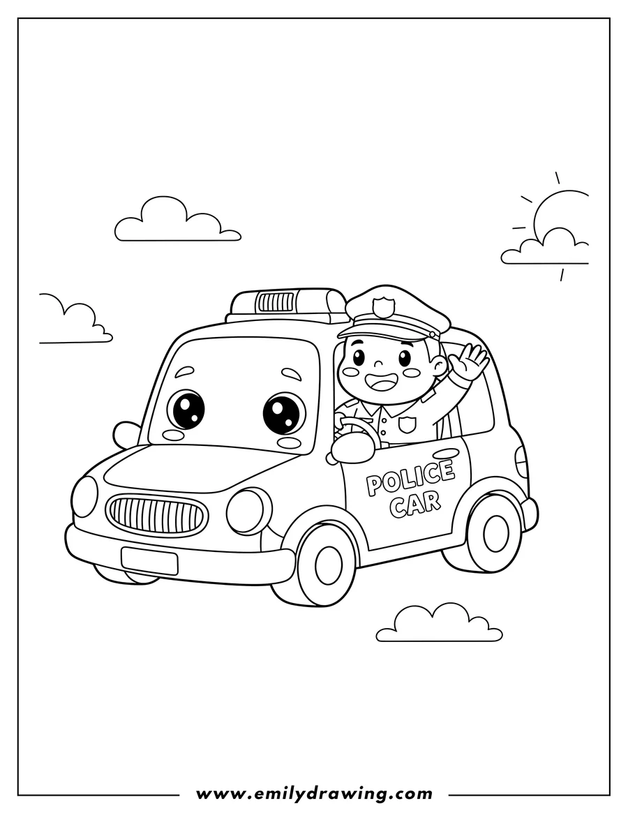 Black and white line art of kawaii Police Car with POLICE CAR text on its side, driven by a smiling officer in a police hat, waving with one hand and holding the steering wheel
