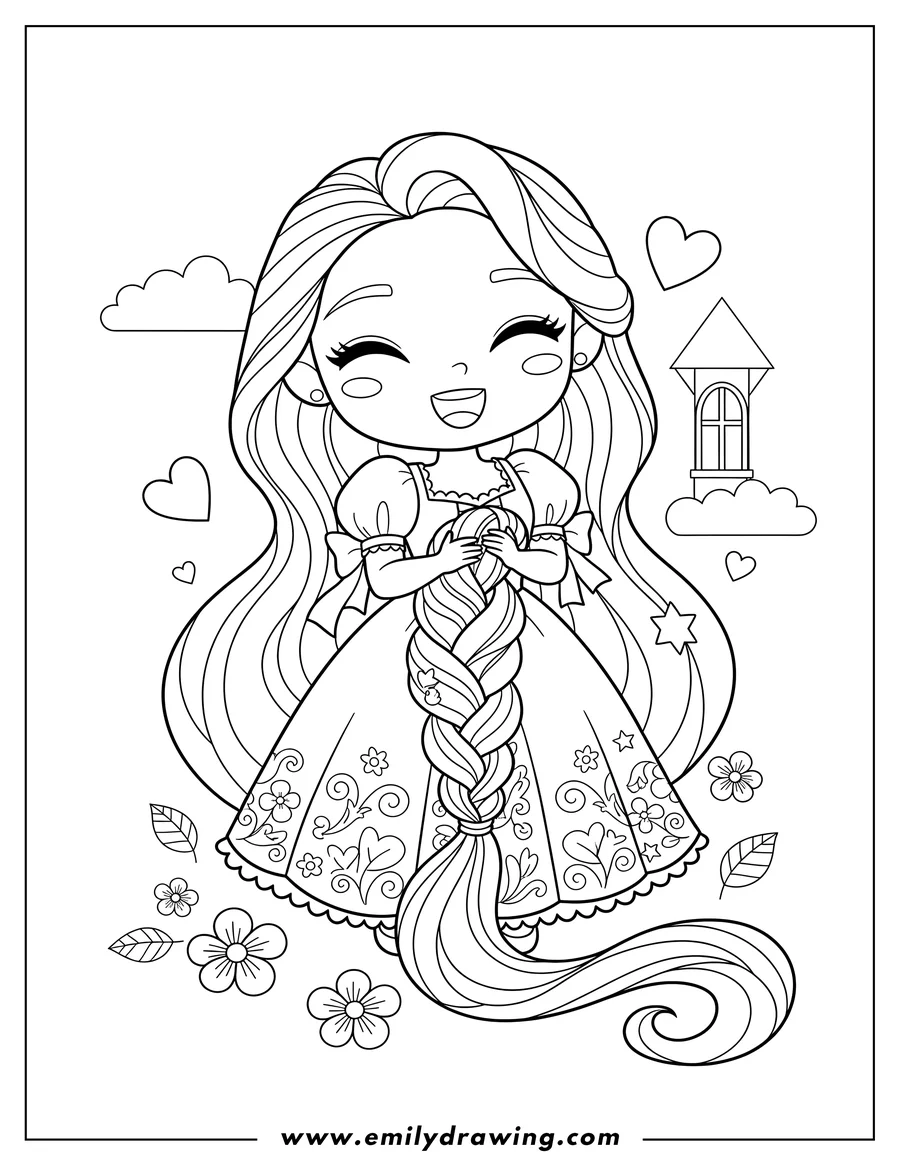 Clean line drawing: kawaii Rapunzel smiling and holding her long hair