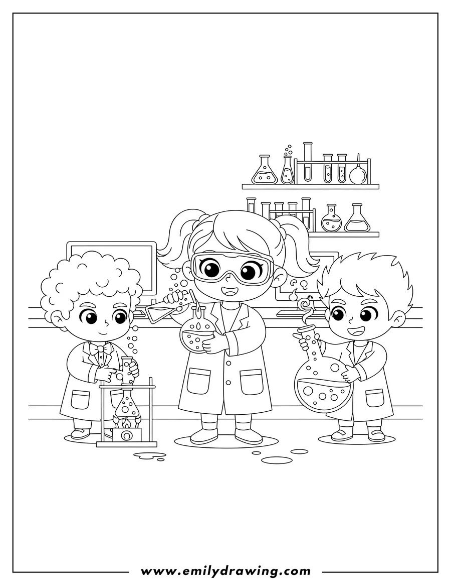 Printable line art of kawaii Scientists Performing Lab Experiments, mixing liquids in flasks and observing bubbling reactions
