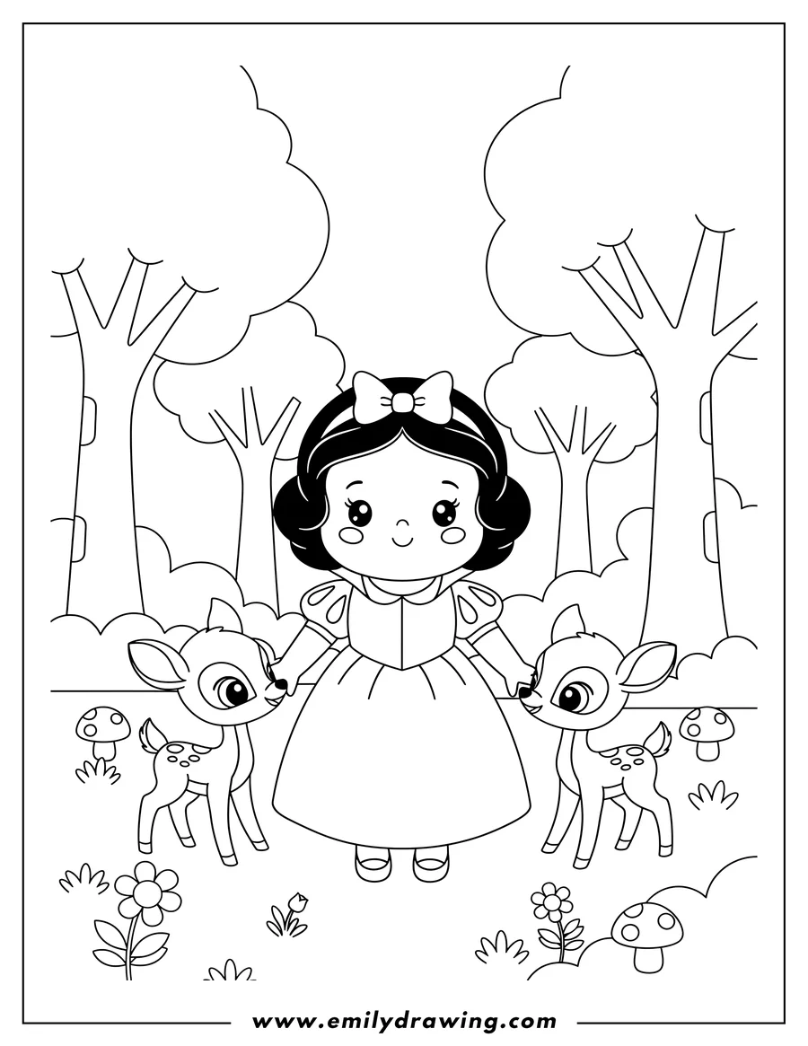 Vector style outline of kawaii Snow White standing with two fawns in a forest, preschooler style