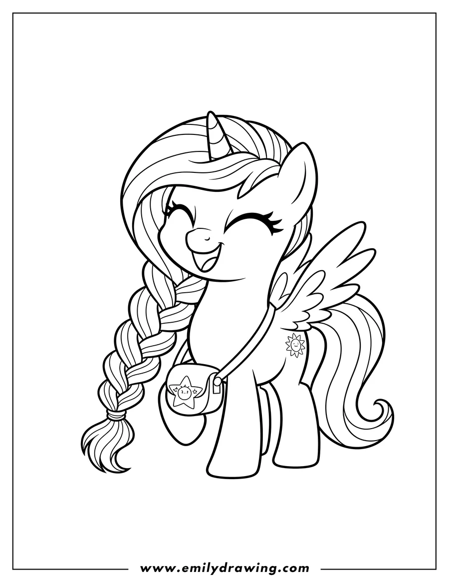Coloring page of kawaii Sunny Starscout From My Little Pony New Generation, smiling with a braided mane and side bag