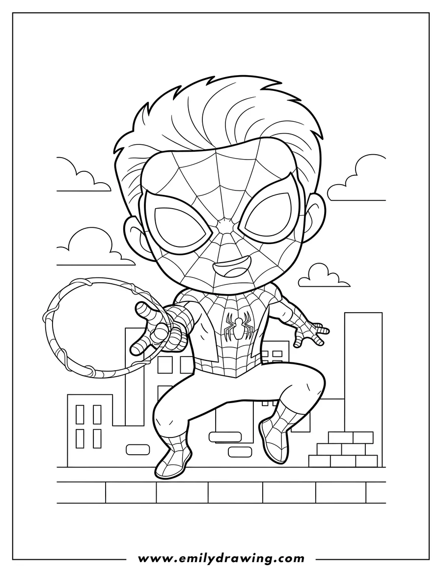 Coloring sheet featuring kawaii Tom Holland Spider Man unmasked in a web-shooting pose