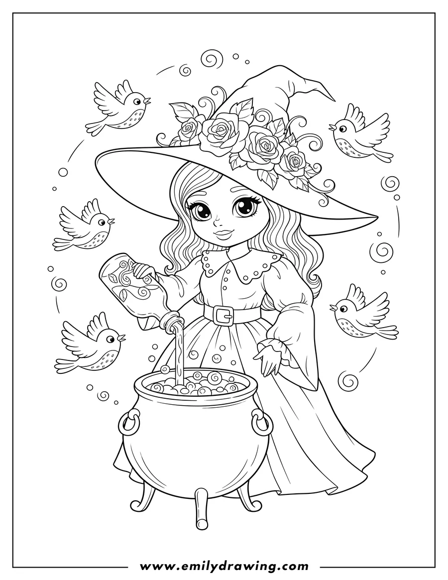 Coloring page of kawaii Witch wearing a rose-decorated hat, pouring a potion from a bottle into a bubbling cauldron, with birds flying around her