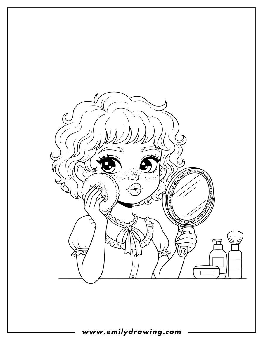 Simple sketch of kawaii Woman with Short Curly Hair and Pouty Lips Applying Powder To Her Face to color