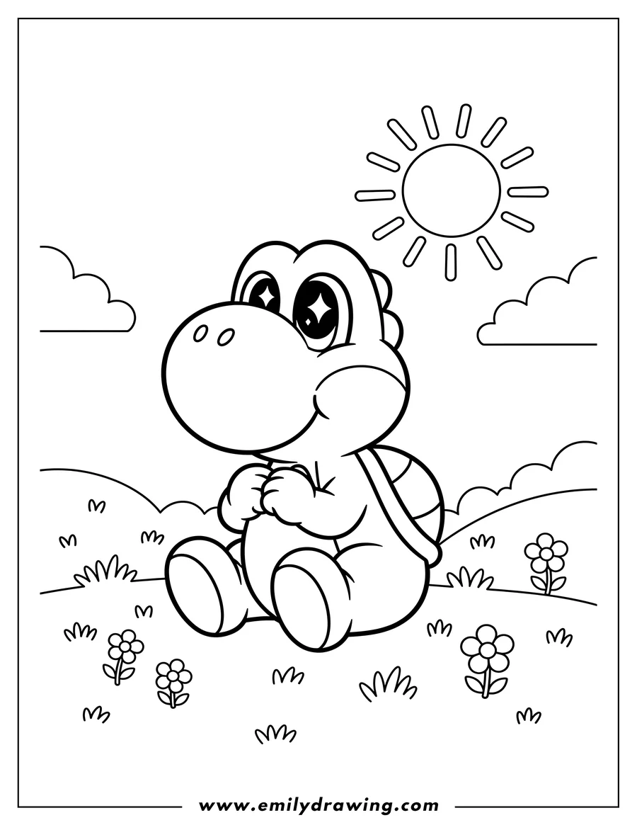 Full page coloring image of kawaii Yoshi sitting in a field with hands clasped