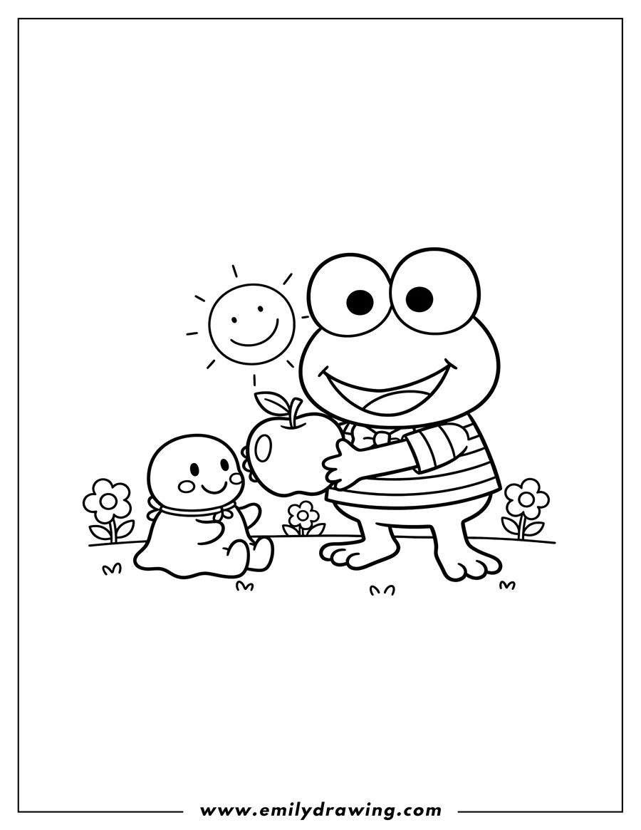 Coloring sheet featuring keroppi offering an apple to a sitting Teru Teru