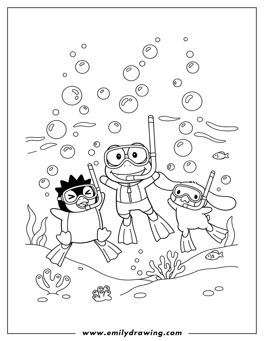 Vector style outline of keroppi Snorkling With Badte Maru And Cinnamaroll underwater, floating with bubbles