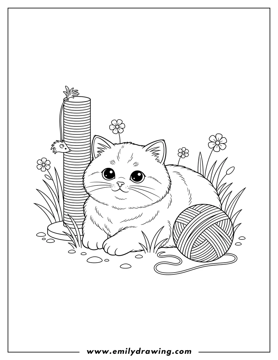 Printable line art of fluffy kitten lying on grass with a scratch post and yarn ball