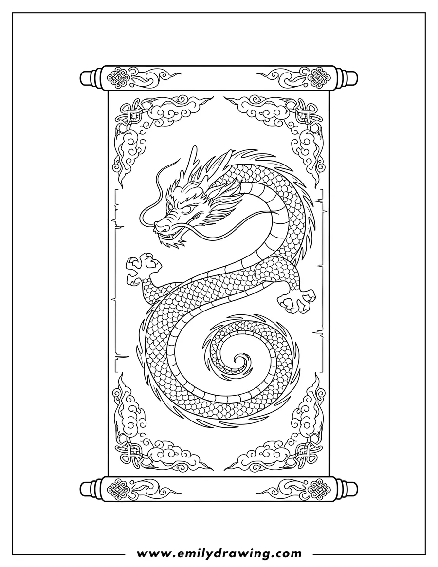 Printable coloring page of kung Fu Panda Dragon Scroll with a detailed dragon and decorative patterns