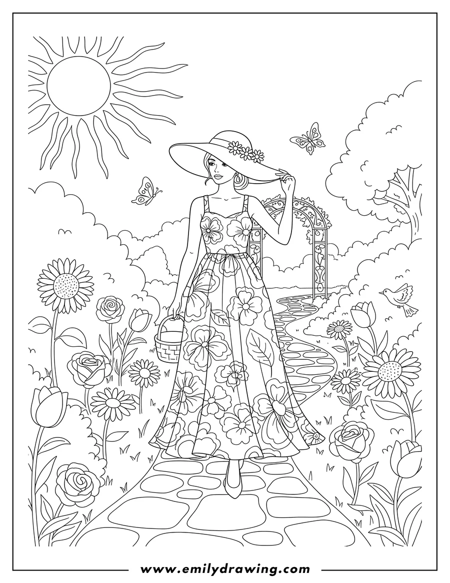 High quality printable lady in floral sundress and wide-brimmed hat walking on a garden path for coloring
