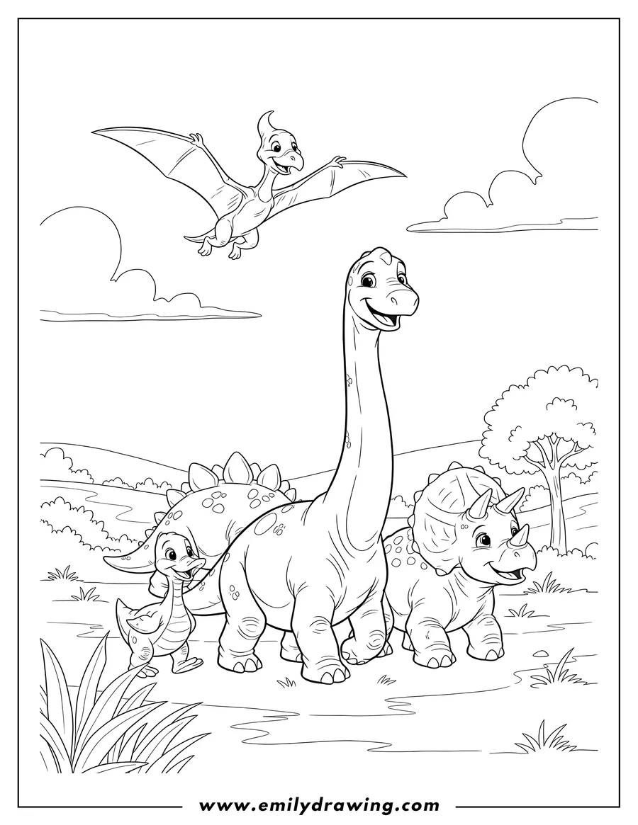 Free to print drawing of land Before Time Dinosaurs walking together, smiling, with Petrie flying