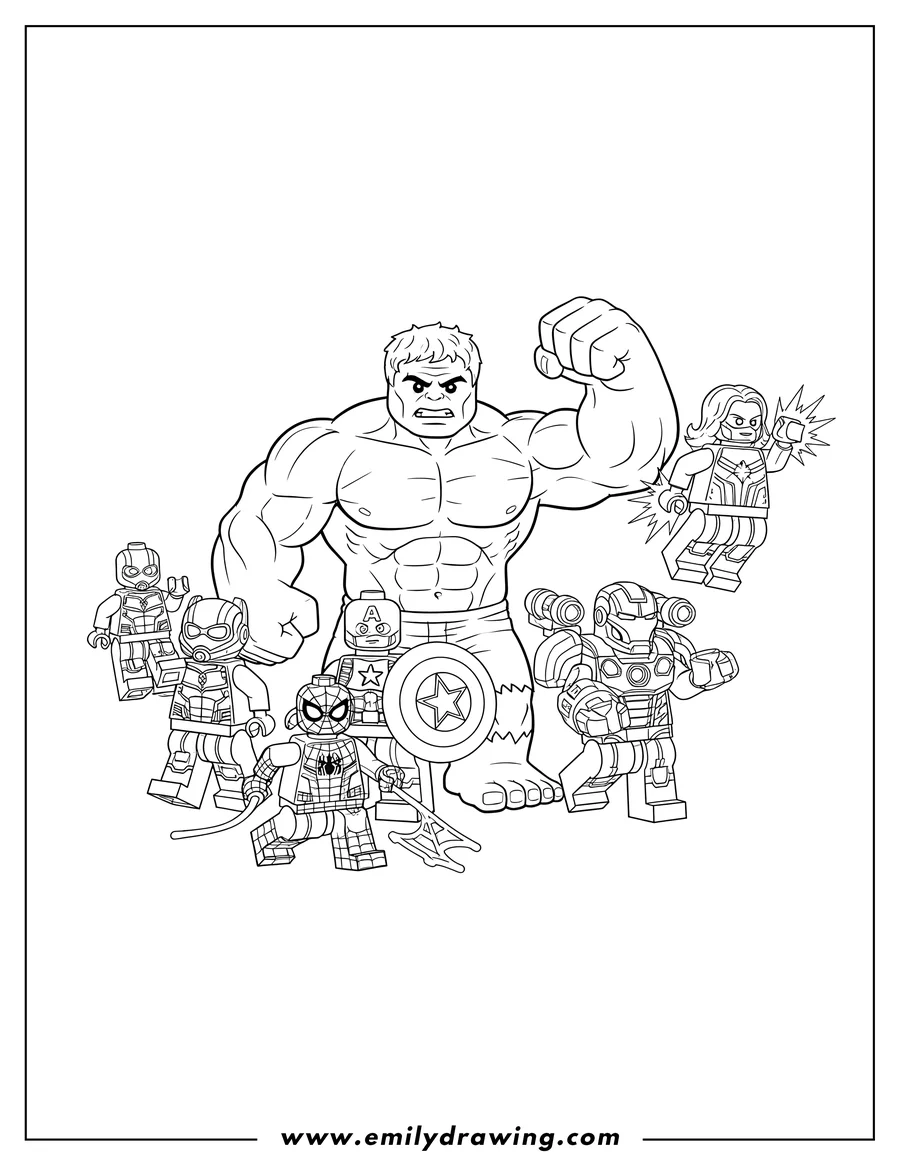PDF style coloring page: lego Ant-Man, Hulk, Captain Marvel, Captain America, War Machine, and Spider-Man grouped together