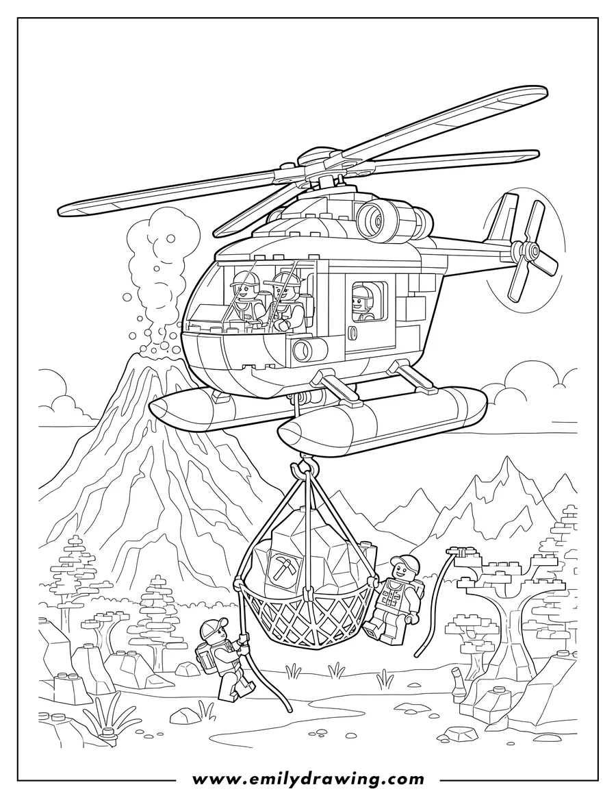 Downloadable coloring page of lego City Volcano Heavy Lift Helicopter flying with explorers