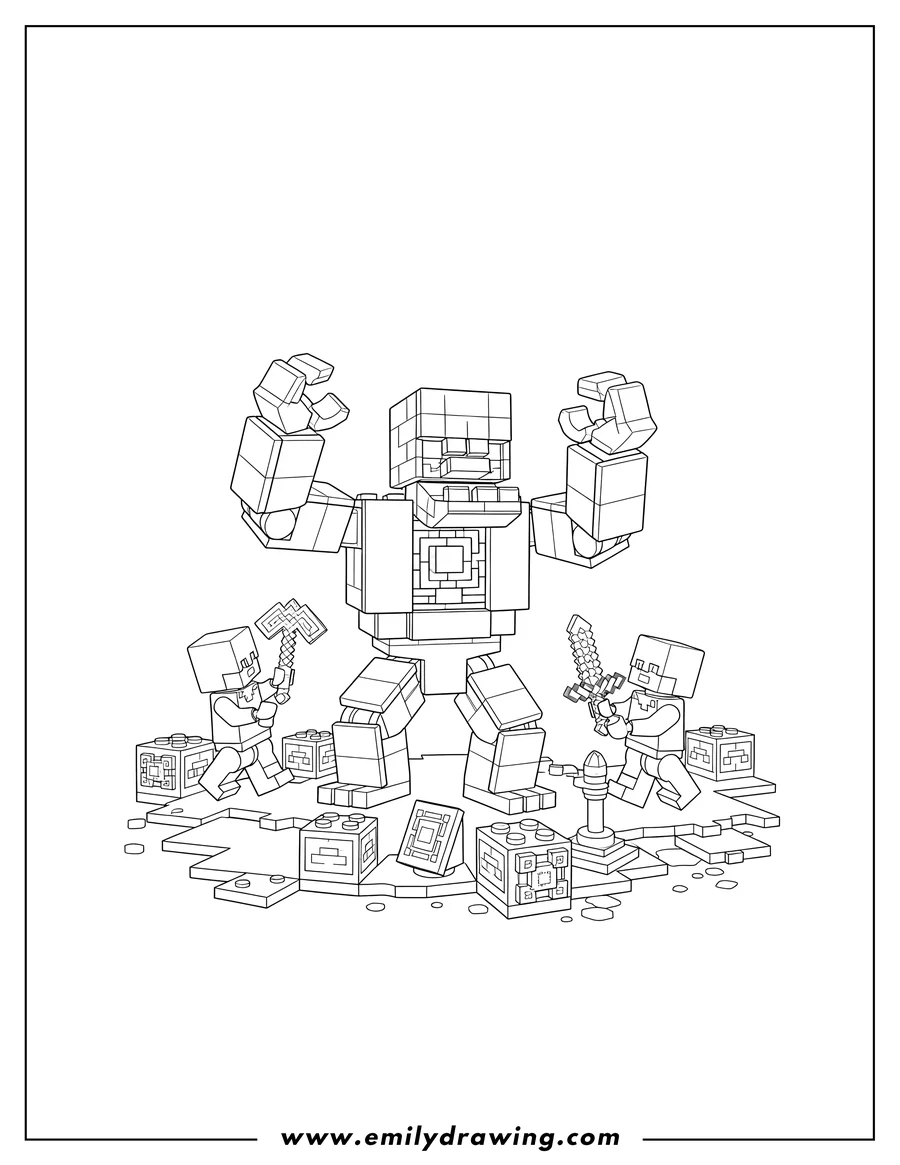 Simple sketch of lego Minecraft Deep Dark Battle: Warden with raised arms attacked by players to color