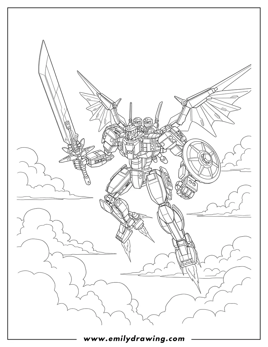 Vector style outline of lego Ninjago Ninja Ultra Combo Mech flying