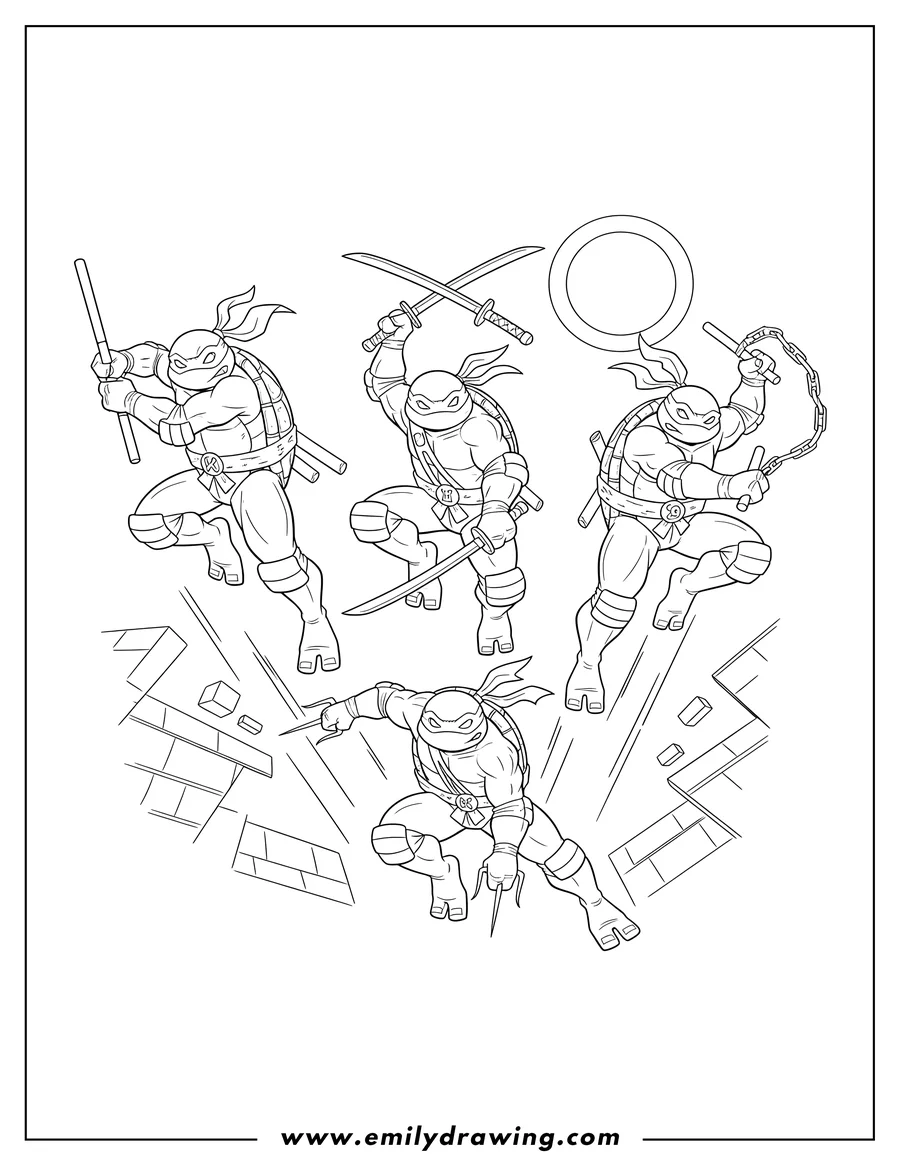 Linear illustration of [Scene]: Leonardo Donatello Michelangelo And Raphael Fighting Mode, wielding their signature weapons and leaping