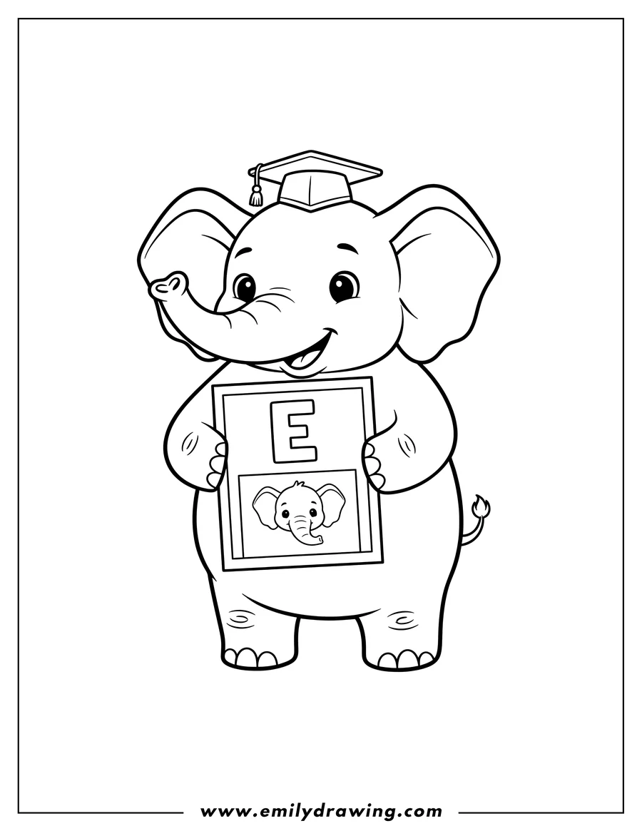 PDF style coloring page: letter E is for Elephant Flashcard coloring page, featuring a cute cartoon elephant